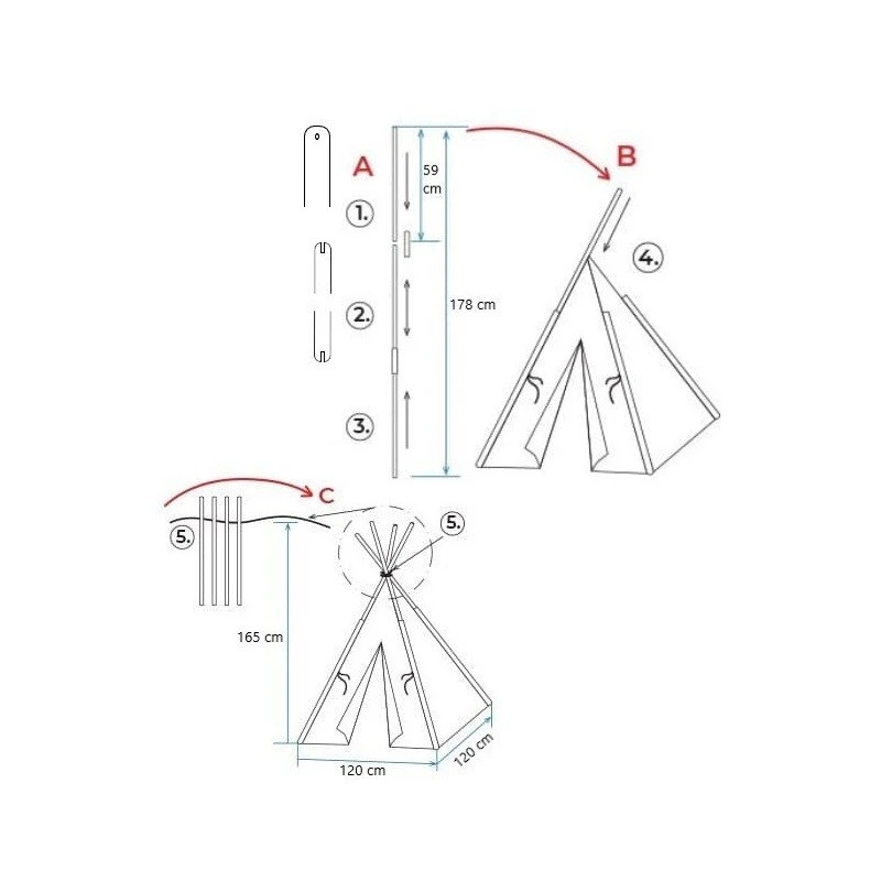 Детска палатка за игра Типи, Форма иглу, 120 х 120 х 165 см
